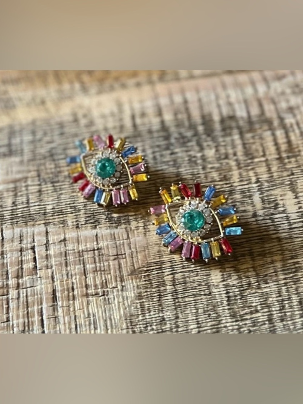 Gold Multicolor Eye Stud Earrings with Teal Center